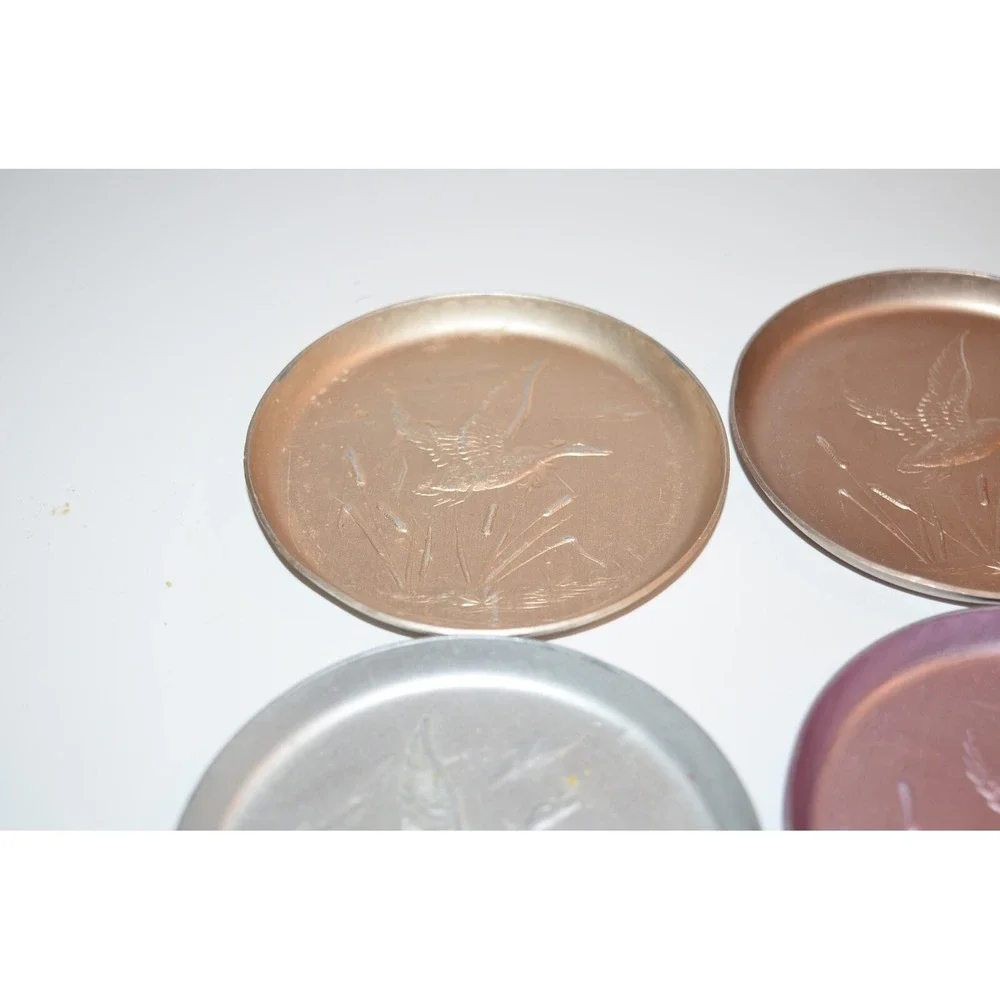 Vtg 6 pc set Ducks Flying‎ Over Cattails Embossed Aluminum Coasters